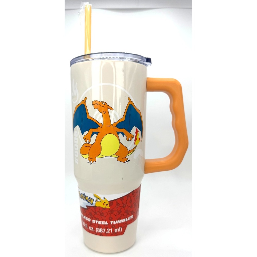 Pokémon Charizard Stainless Steel Tumbler with Handle Straw 30 oz Beige **NEW**